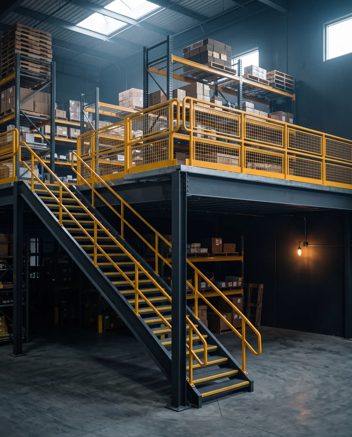 Mezzanine industrielle en acier avec garde-corps jaune